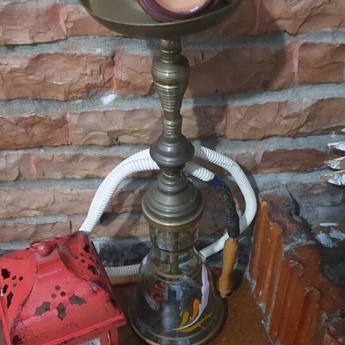 Authentic Damascus hookah 1990 like new with glass container, brass and wood