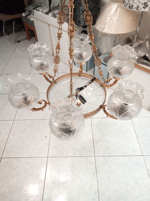 Baroque ceiling light handcrafted, refurbished, brass with crystals