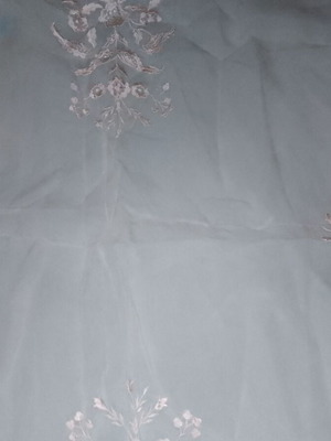 Large pink salmon silk tablecloth with embroidery and lace