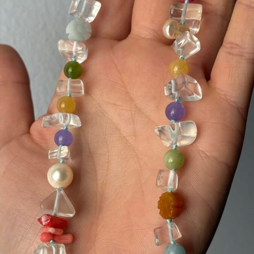 Quartz necklace with semi-precious stones and pearls on blue silk thread, new