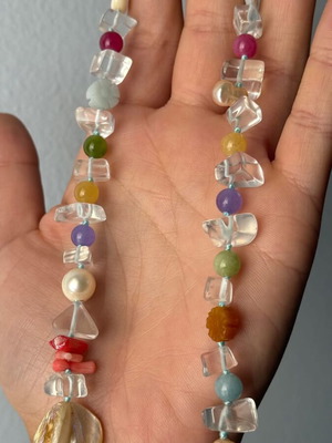 Quartz necklace with semi-precious stones and pearls on blue silk thread, new