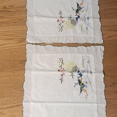 Pillowcases with peacocks used, hand-embroidered 1950s folk art
