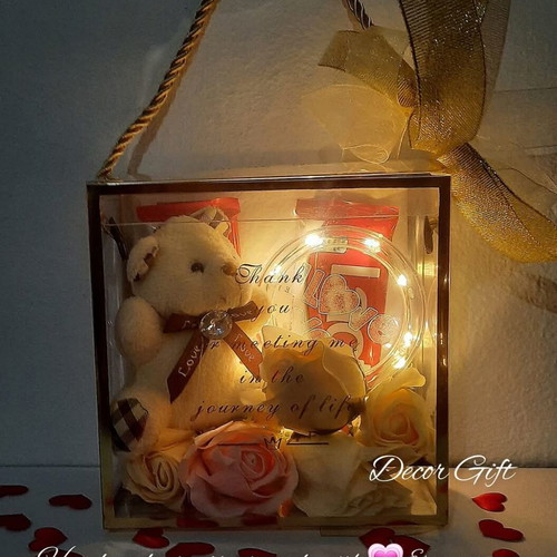 Gift box purse with teddy bear keychain, light ornament, soap rose petals and chocolate