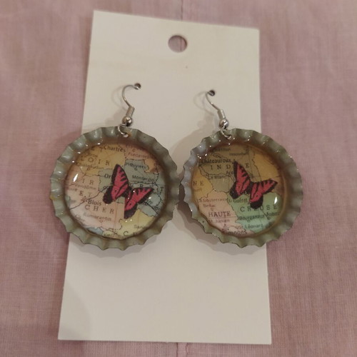Butterfly Map Bottle Cap Earrings new, colorful