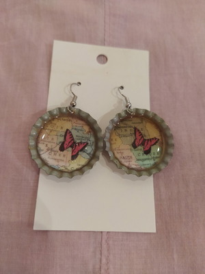 Butterfly Map Bottle Cap Earrings new, colorful