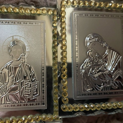 Two Christ and Panagia images on mirror, like new, tabletop