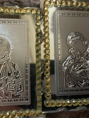 Two Christ and Panagia images on mirror, like new, tabletop