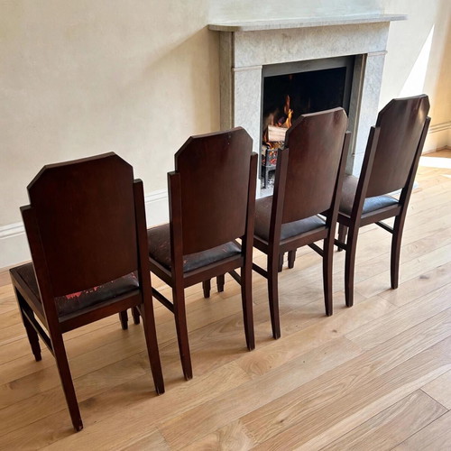 Set of 4 vintage solid wood dining chairs with original burgundy leather seats, Art Deco style