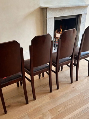 Set of 4 vintage solid wood dining chairs with original burgundy leather seats, Art Deco style