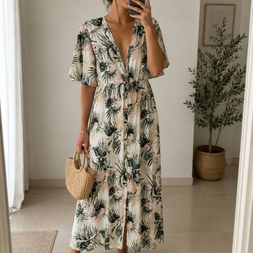 Somedays Lovin Coastal Roaming Maxi Dress like new, V neckline, tropical print