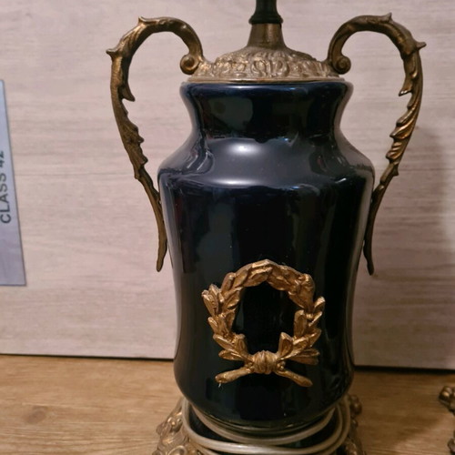 French table lamps pair used, porcelain and brass dark blue