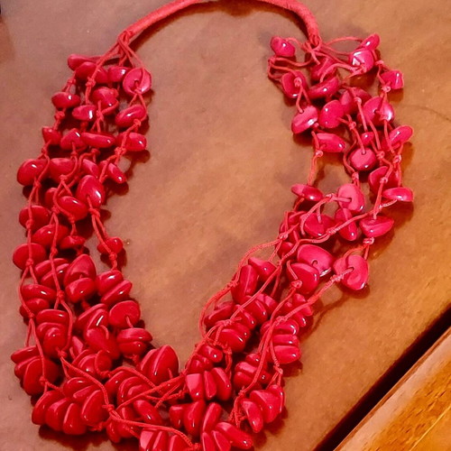 Red multi-strand stone necklace