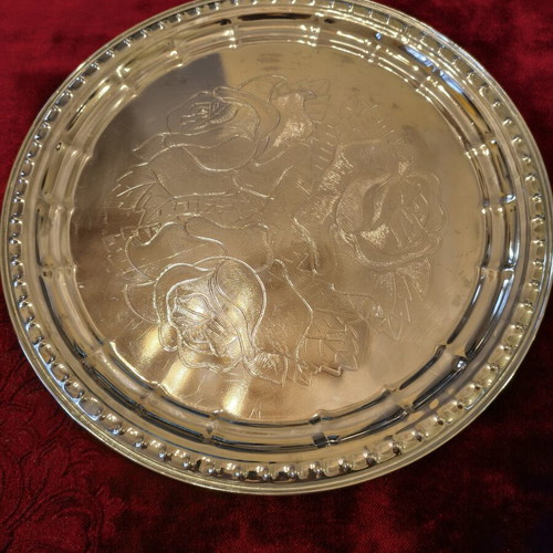 Vintage Soviet metal serving tray with embossed rose design (36cm)