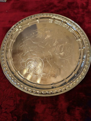 Vintage Soviet metal serving tray with embossed rose design (36cm)