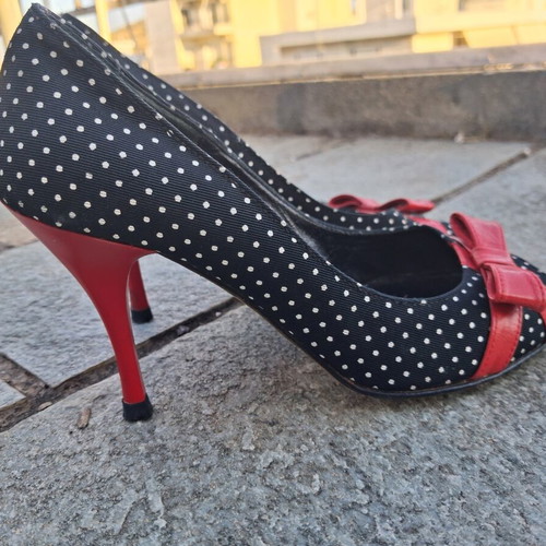 Vintage Peep-Toe Pumps with Red Bow, Size 36