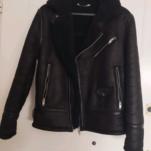 Zara Shearling Aviator Biker Jacket, black, size L