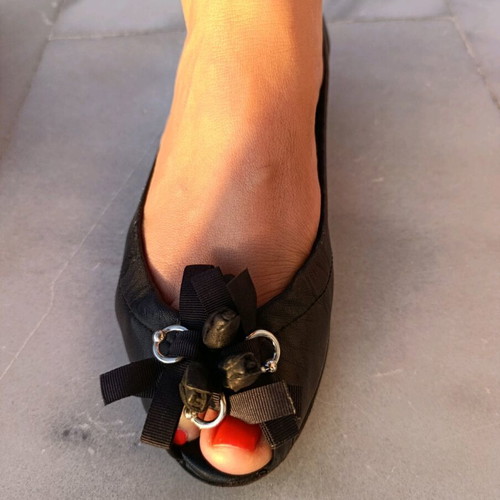 Black Genuine Leather Peep-Toe Ballet Flats - Size 39