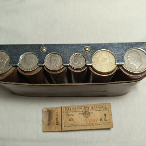 Bus Conductor Coin Case from 1960s with Coins and Ticket Bundle used