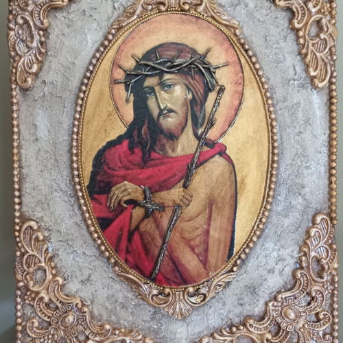 Handmade image on wood new, oval 27×19 cm