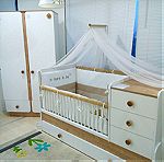  Πολυμορφική κούνια Βρεφική-Παιδική έξτρα συρτάρι ύπνου 2 στρώματα. Σετ Ντουλάπα-ραφιέρα-συρταριέρα.