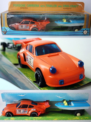 Pappas Porsche Carrera 970 κουρδιστό παιχνίδι με σκάφος Cris-Craft και τρέιλερ