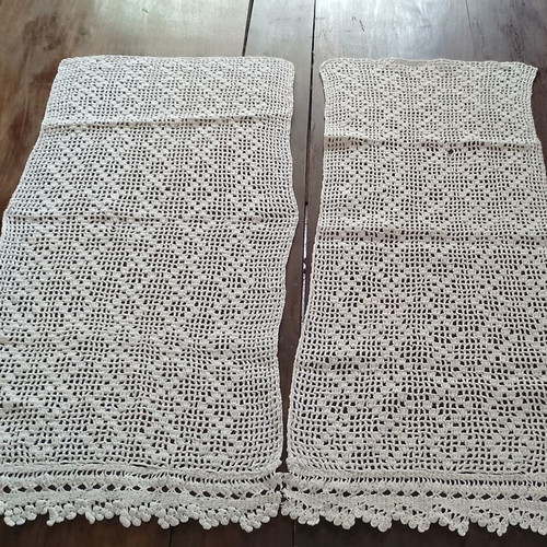 Vintage handmade lace curtains used, cottage style, 70×32 cm each