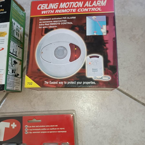 Security package used with ceiling motion alarm, door & window entry alarm, and realistic security camera