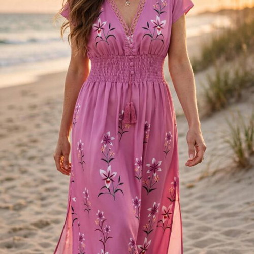 Pink Boho Floral Maxi Dress size M like new