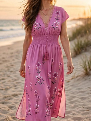 Pink Boho Floral Maxi Dress size M like new