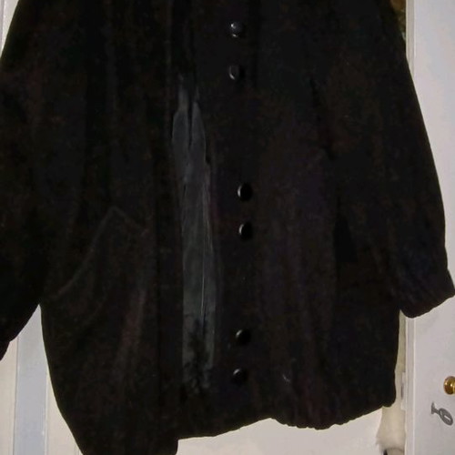 Women's short coat used, black with hood and fur trim