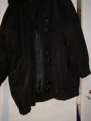Women's short coat used, black with hood and fur trim
