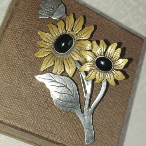 Vintage brooch with silver 925 and bronze sunflowers, handmade, used
