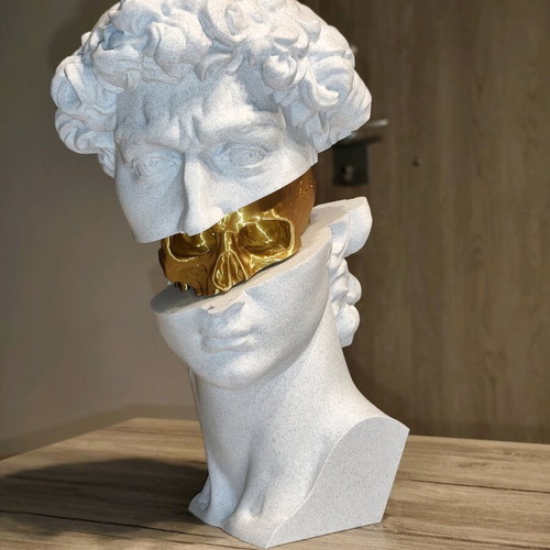 3D Printed David Bust with Gold Skull new, modern decorative art