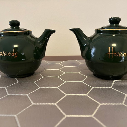 Harrods 12oz green teapots set of 2 with gold logo new