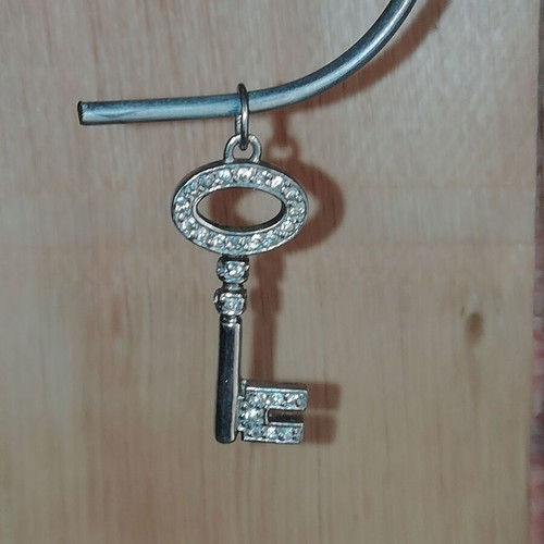 Steel necklace charm key silver color with clear zirconia new