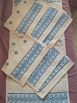 Vintage Handmade Table Linen Set 7 Pieces Linen with Blue Cross Stitch