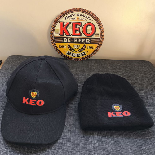 KEO Beer Promotional Set with Cap, Beanie and Retro Wall Sign