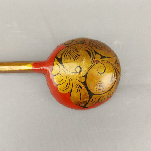 Old Hand-Painted Russian Wooden Serving Spoon Used with Khokhloma
