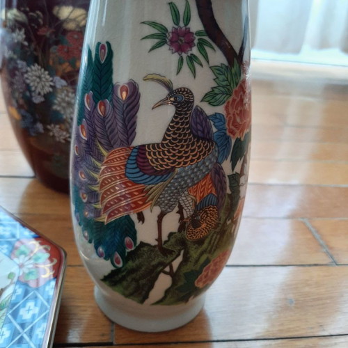 Porcelain vase used with Asian exotic bird design in ecru