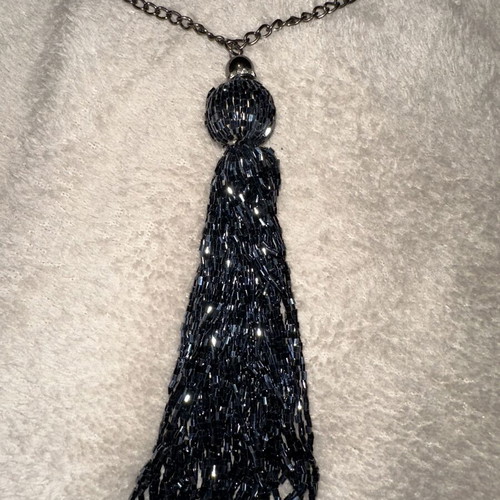 Long Anthracite Necklace with Shiny Beaded Tassel like new