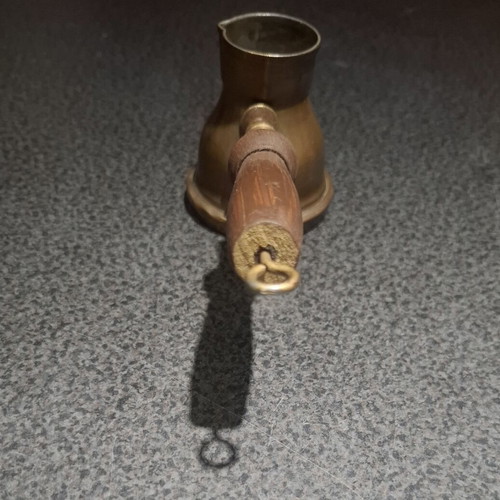 Brass cezve with wooden handle used, vintage Greek coffee pot