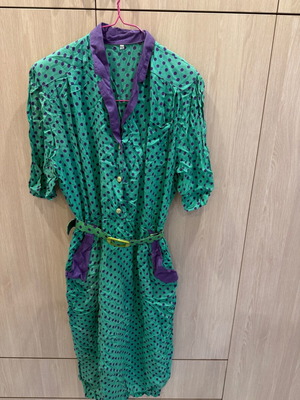 Vintage polka dot midi dress used, green and purple with belt
