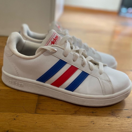 Adidas sneakers used, size 38.5, white with blue and red stripes