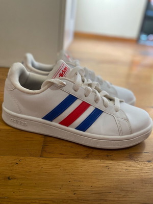 Adidas sneakers used, size 38.5, white with blue and red stripes