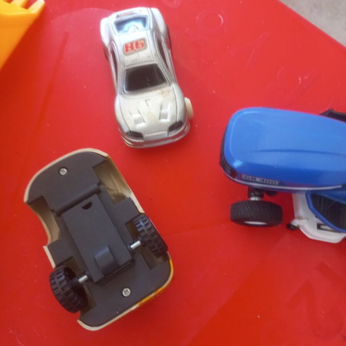 Toy vehicle set used with Playmobil excavator and Fischer Price carriage