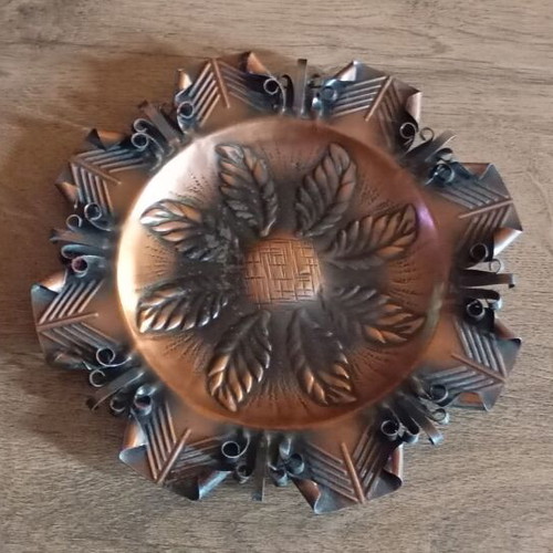 Traditional Bulgarian decorative copper plate like new with patina and relief ornaments