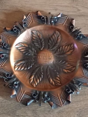 Traditional Bulgarian decorative copper plate like new with patina and relief ornaments
