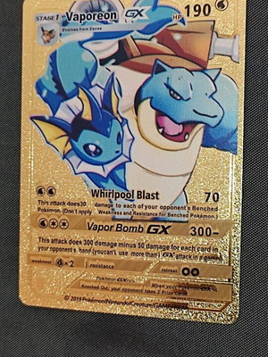 Pokemon Fan Made Gold Metal Card Vaporeon and Blastoise GX like new