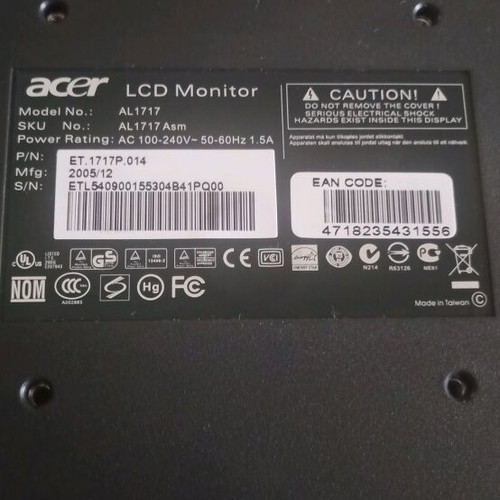 Acer LCD AL1717asm 17-inch monitor used with speakers and VGA