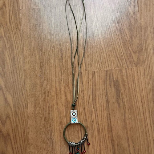 Handmade long necklace new, multicolored with beads and fabric